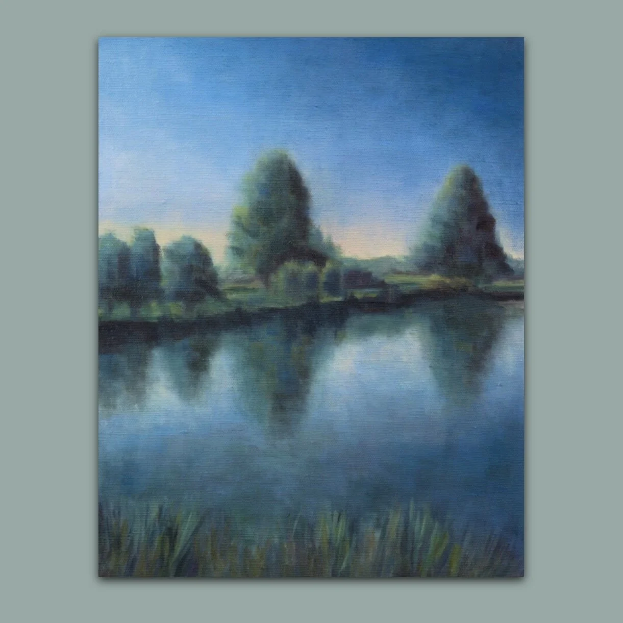 Landscape oil painting of trees around Adam's Pond in Richmond Park by British artist Jonquil Williamson