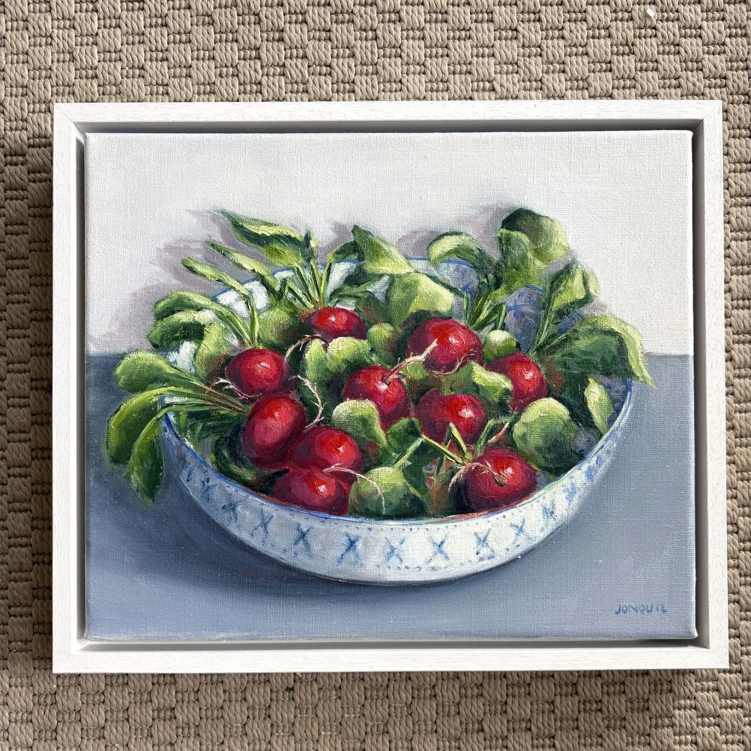 Original contemporary realist oil painting of radishes 34x29cm.JPG