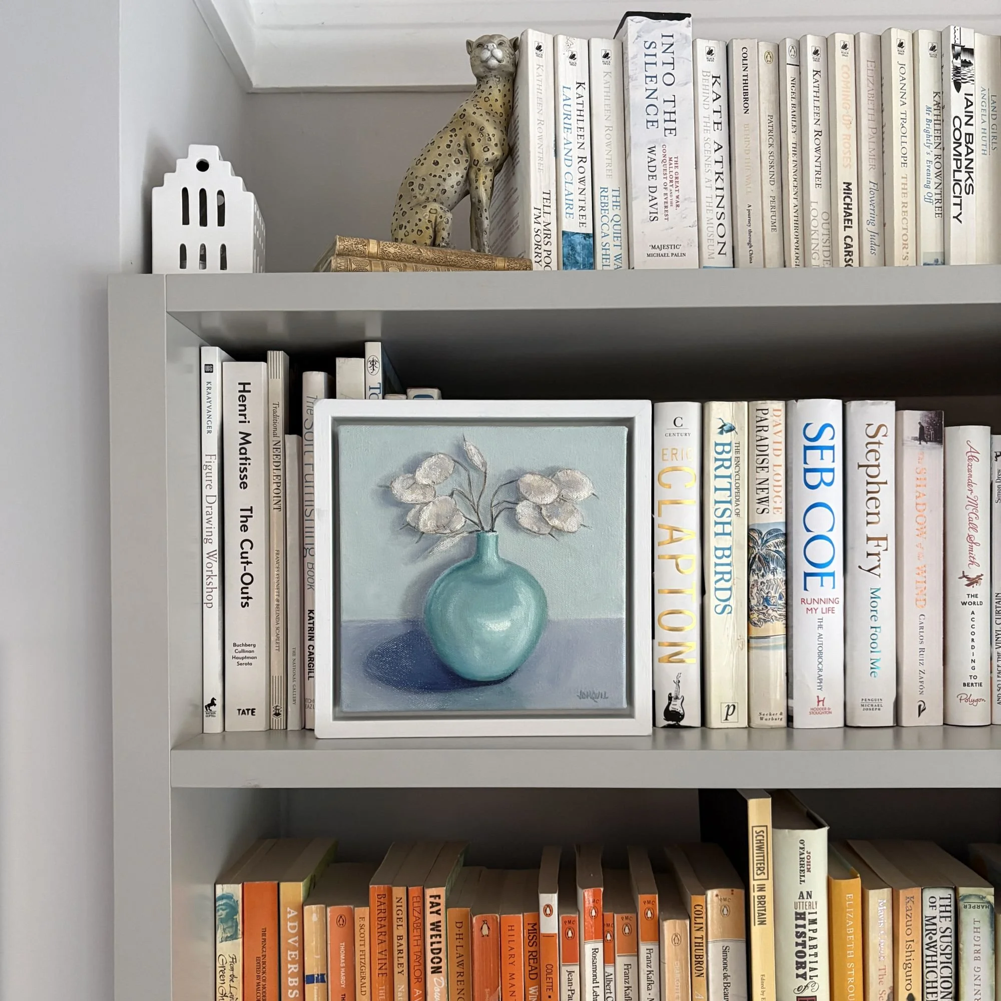 Dried honesty (lunaria) in green vase, 24x24cm contemporary oil painting.