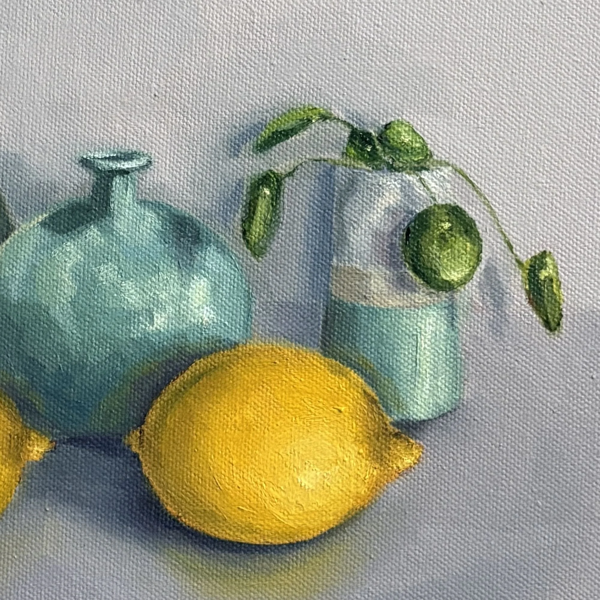 Original oil painting of lemons with green and blue ceramic pots, contemporary realist still life, framed 34x29cm, original still life art UK