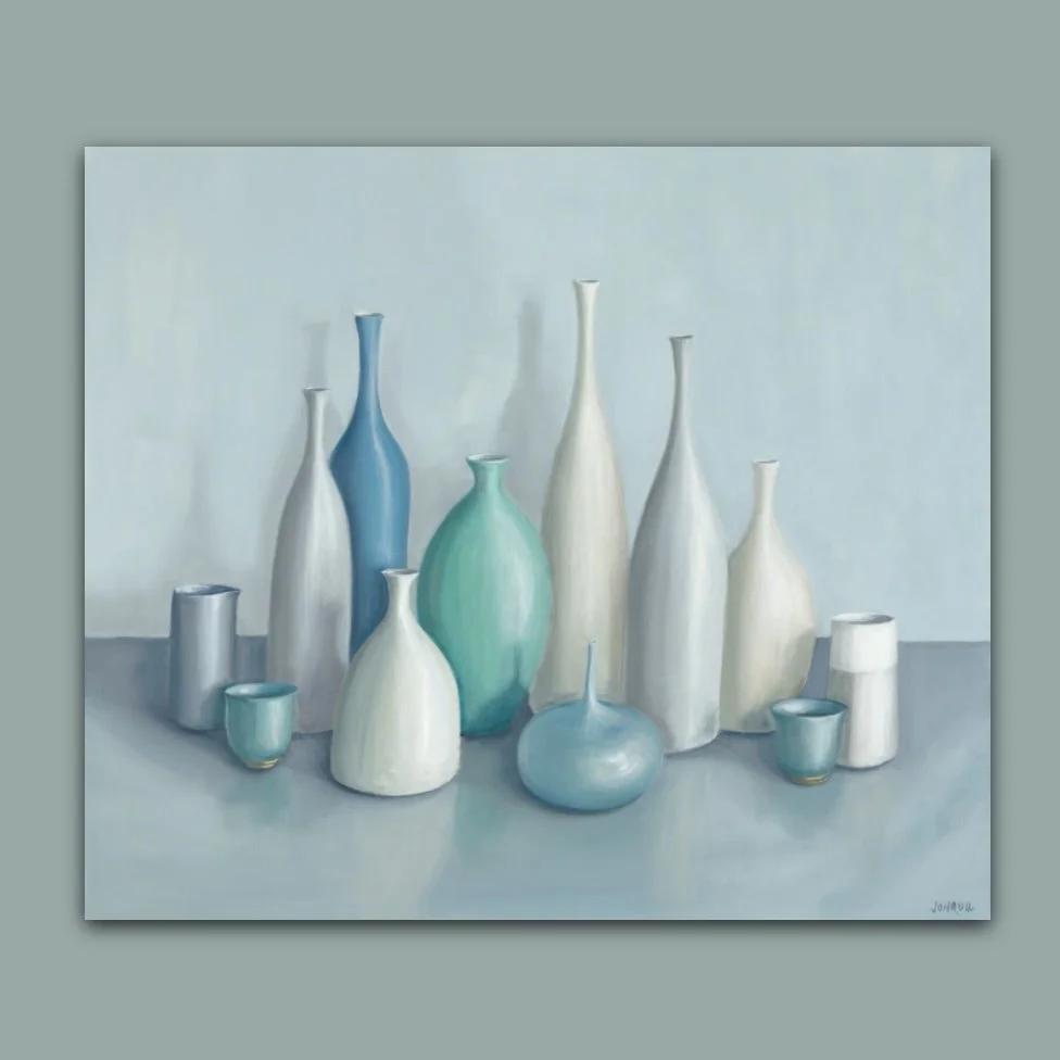 Clustered pots in a Morandi inspired formation by British still life artist Jonquil Williamson