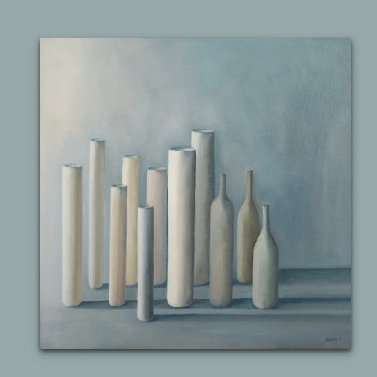 Tall clustered pots and cylinders in a Morandi inspired formation by British still life artist Jonquil Williamson