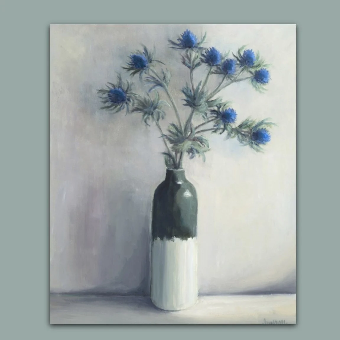 Cobalt Blue Thistles in a Ceramic Bottle