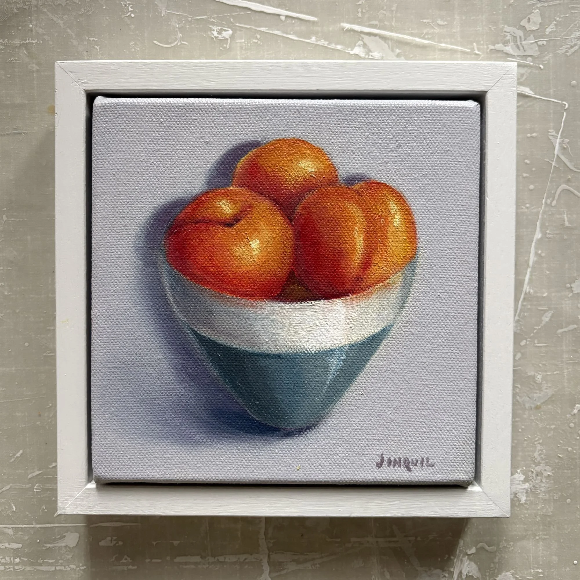 Mini oil painting of apricots in a bowl, 15x15cm original still life