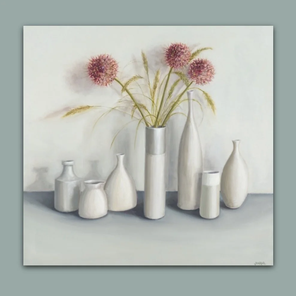 Allium amongst pale pots and vases by British still life artist Jonquil Williamson