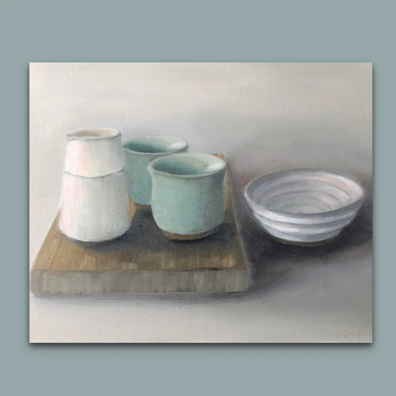 Little pots and a bowl on a breadboard  by British still life artist Jonquil Williamson