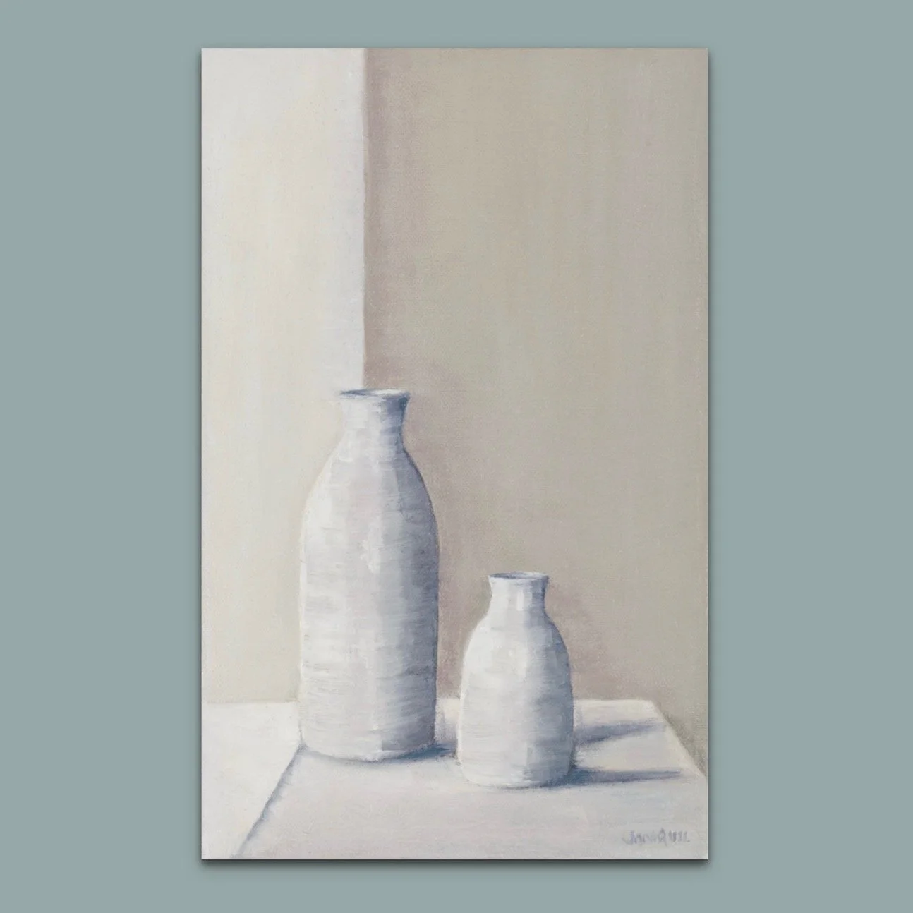 Two tall pots by British still life artist Jonquil Williamson