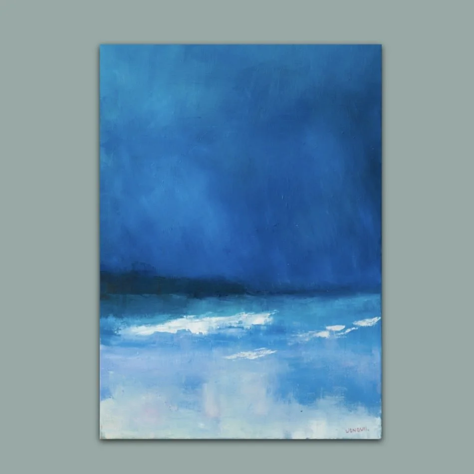 Oil painting of a coastline in Cornwall in vibrant cobalt blue in an semi-abstracted seascape by British artist Jonquil Williamson