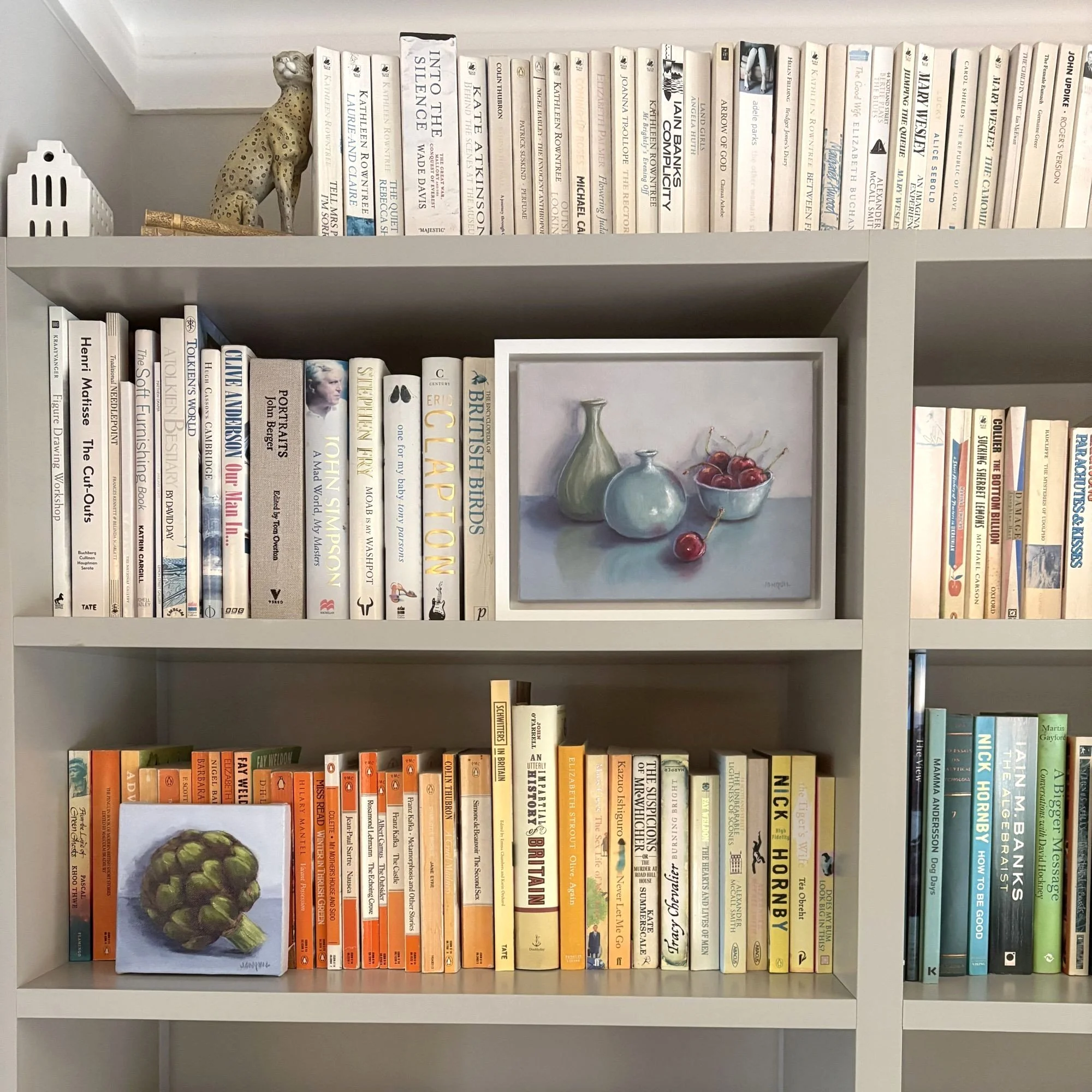 Original contemporary realist oil painting of cherries with ceramic bottles, framed 29x24cm.