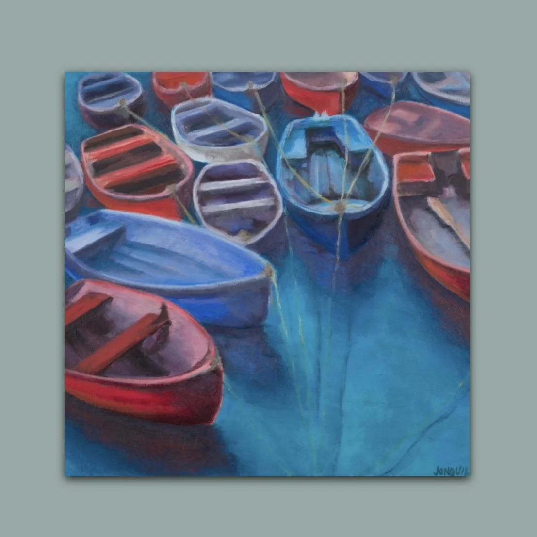 A cluster of little fishing boats in Mevagissey, Cornwall by British  artist Jonquil Williamson