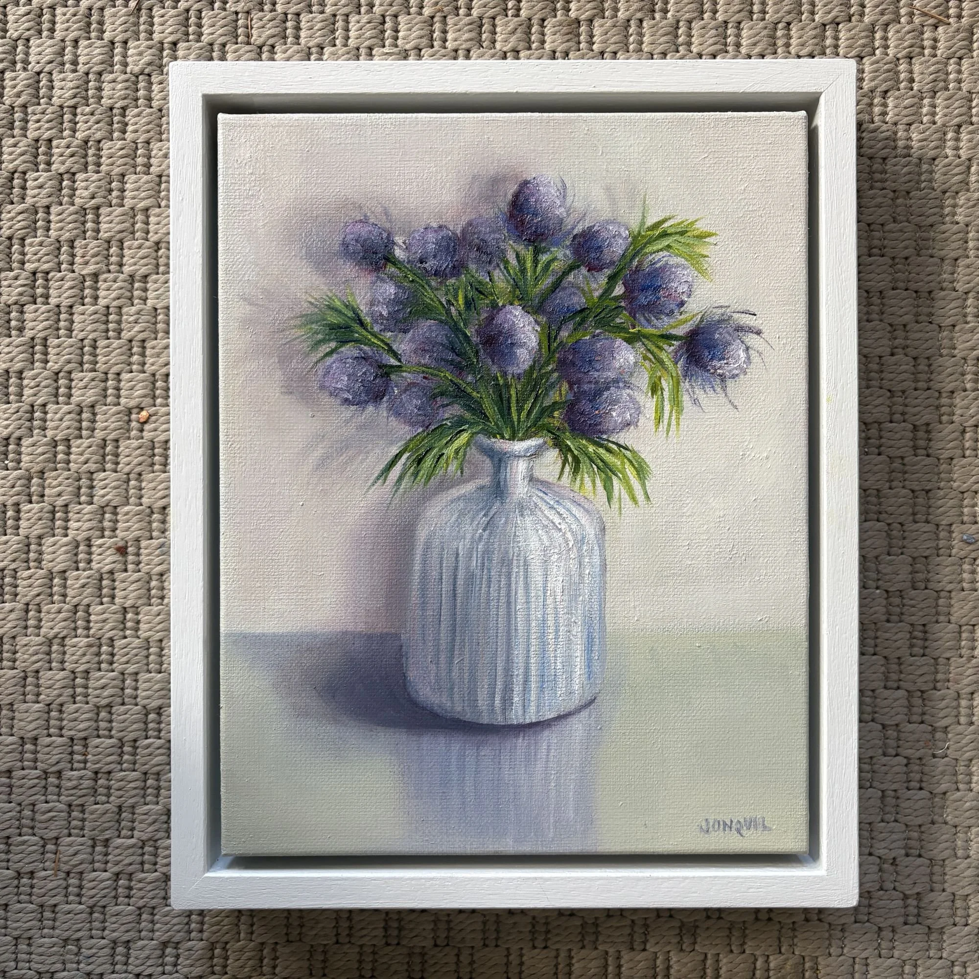 Thistles in a stripy pot, small oil original painting by Jonquil Williamson.jpg