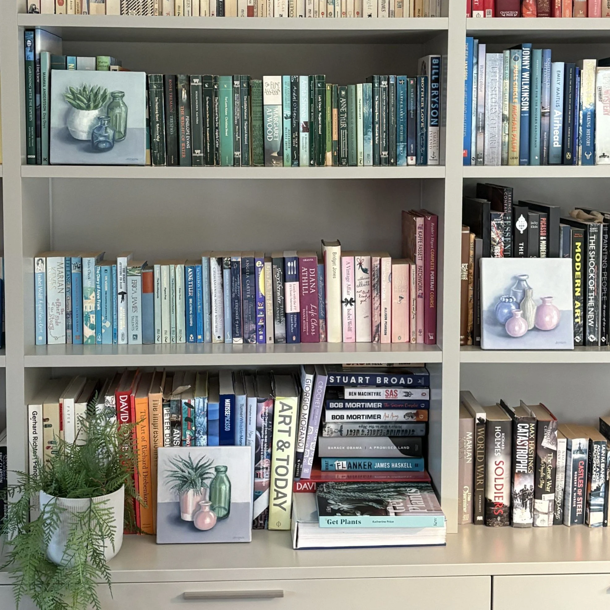 Small succulent with green glass bottle, 20x20cm contemporary original oil painting.