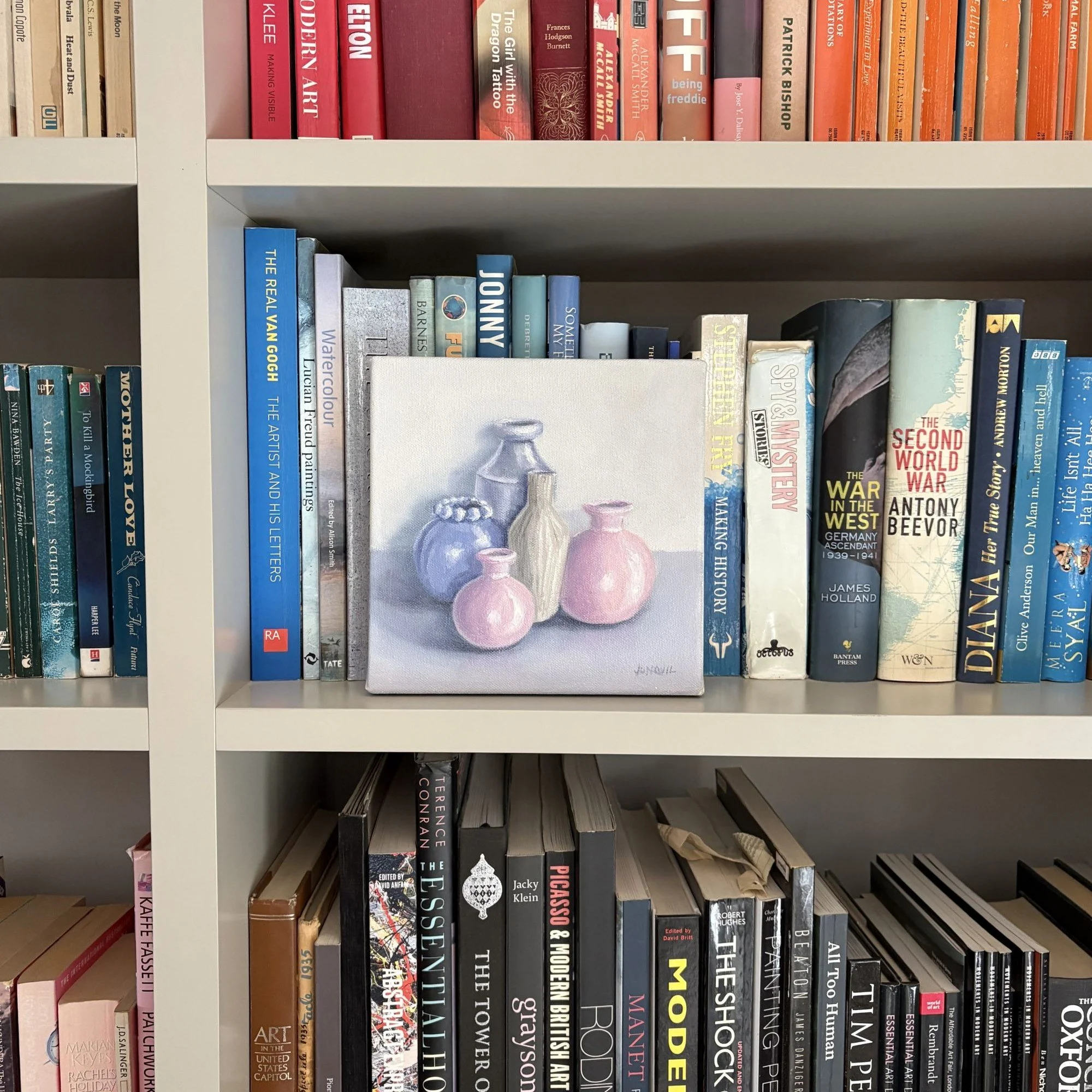 Small succulent and glass bottles still life, 20x20cm original contemporary oil painting.