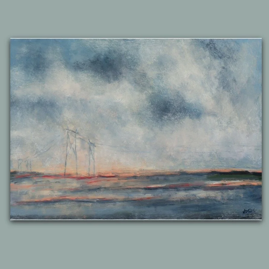 Oil painting of pylons in an semi-abstracted landscape by British artist Jonquil Williamson