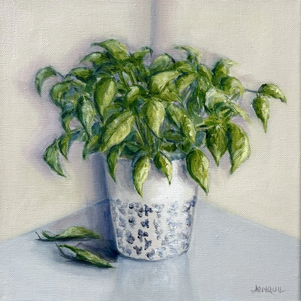 Original framed oil painting of a leafy green basil plant in a white patterned ceramic pot, displayed as contemporary kitchen wall art.JPEG