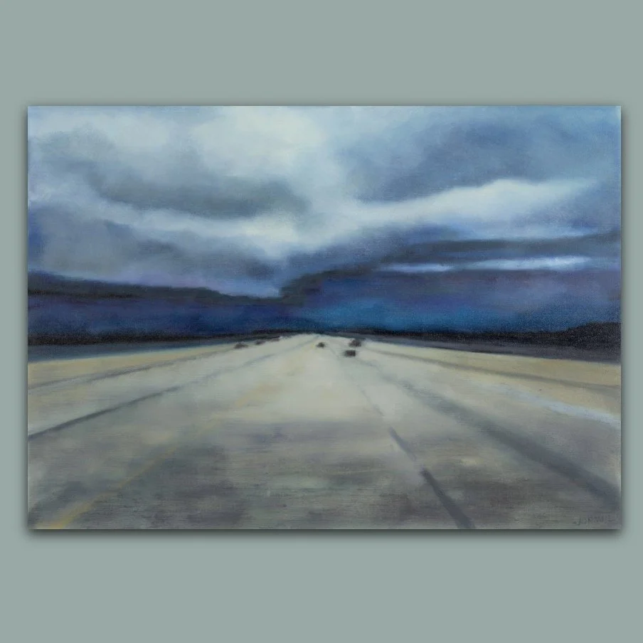 Oil painting of a road leading into a storm in an semi-abstracted landscape by British artist Jonquil Williamson
