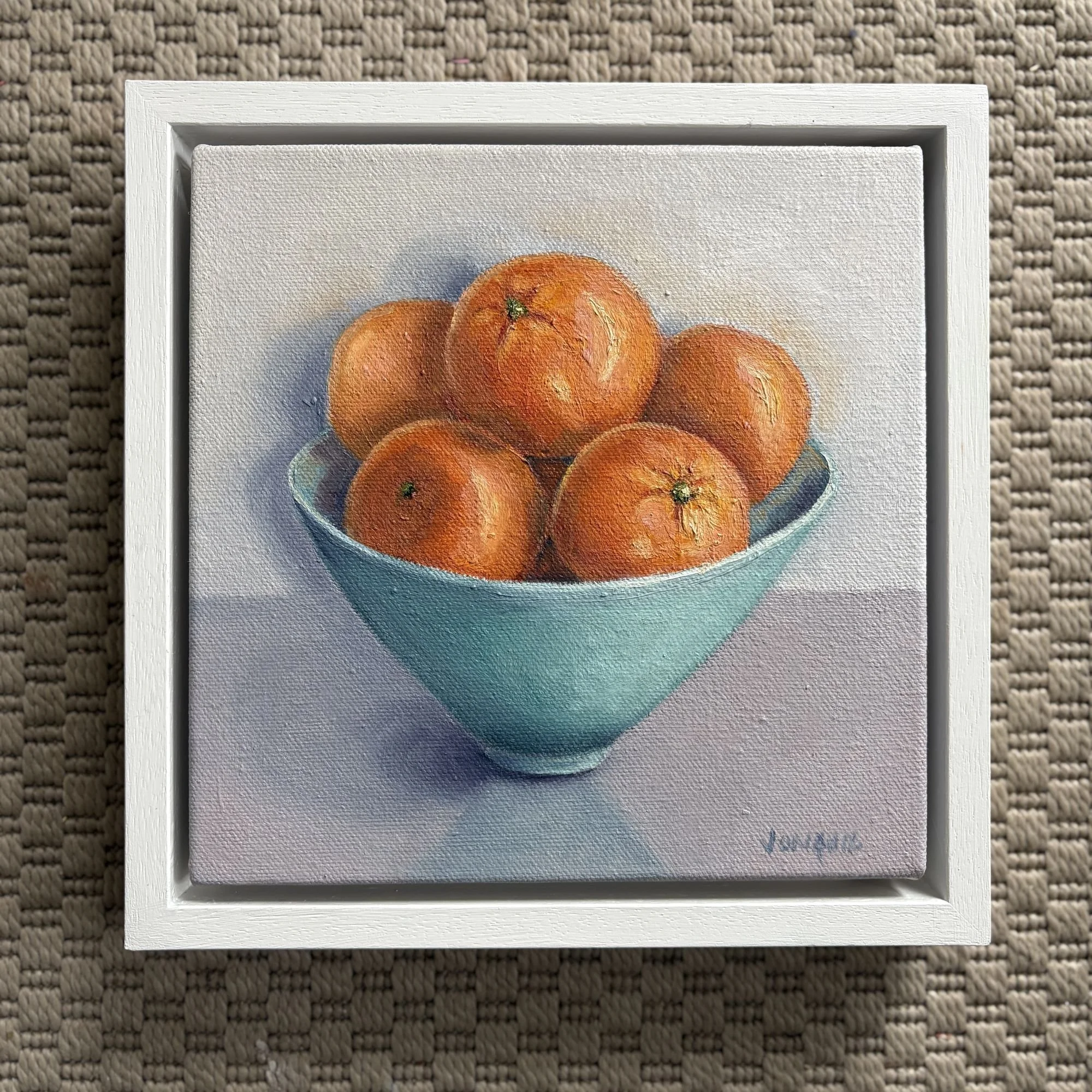 Satsumas clementines in a celadon bowl, small oil original painting by Jonquil Williamson.JPG