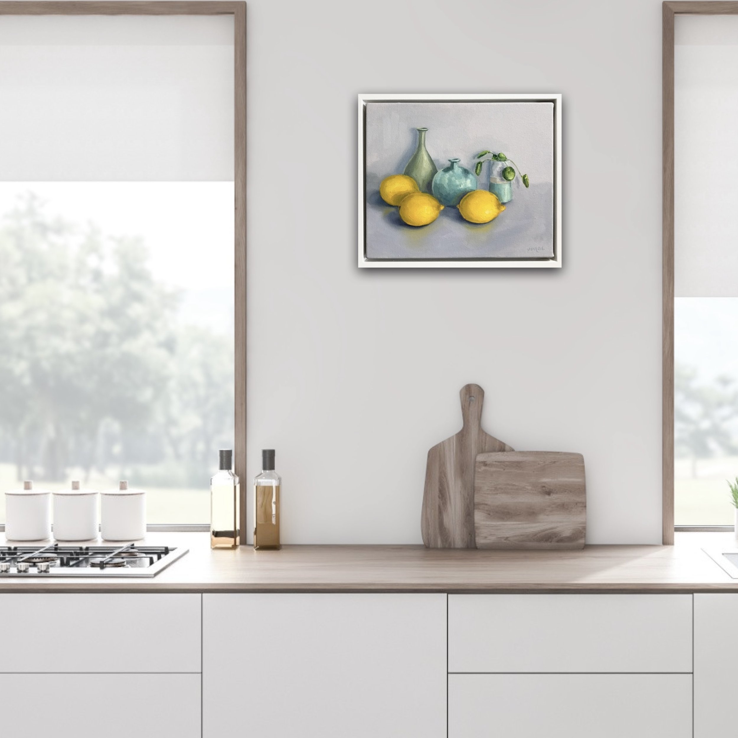 Original oil painting of lemons with green and blue ceramic pots, contemporary realist still life, framed 34x29cm
