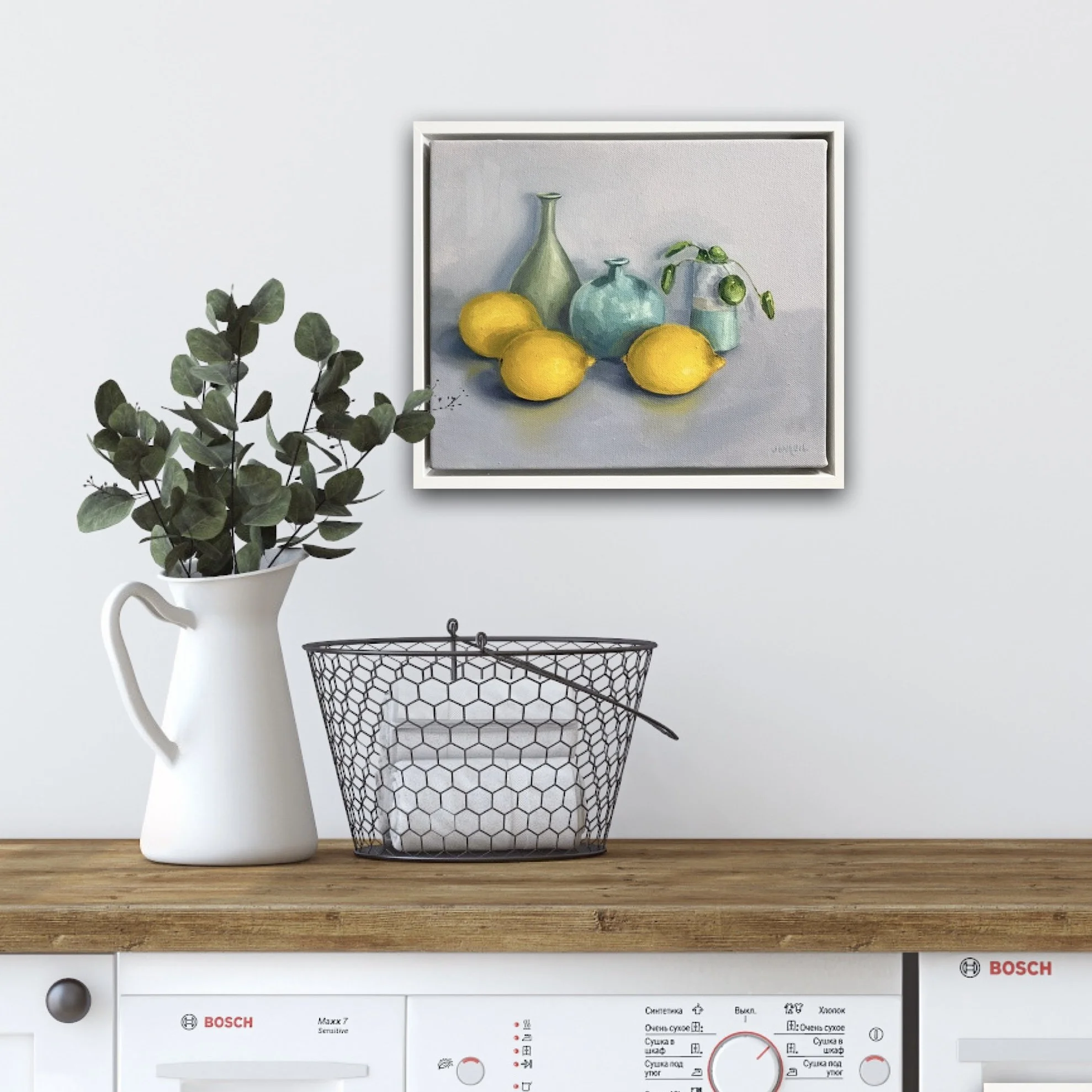 Original oil painting of lemons with green ceramic pots, contemporary realist still life, framed 34x29cm, original still life art UK, by JonquilsArt