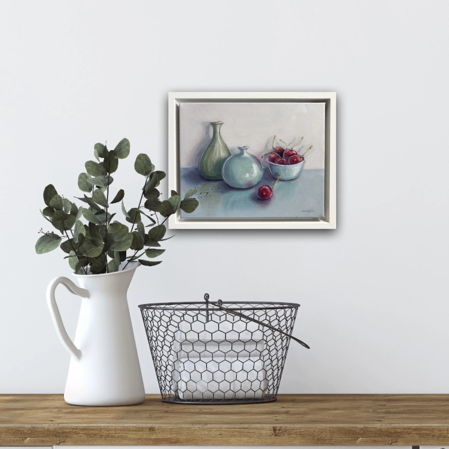 Original contemporary realist oil painting of cherries with ceramic bottles, framed 29x24cm.