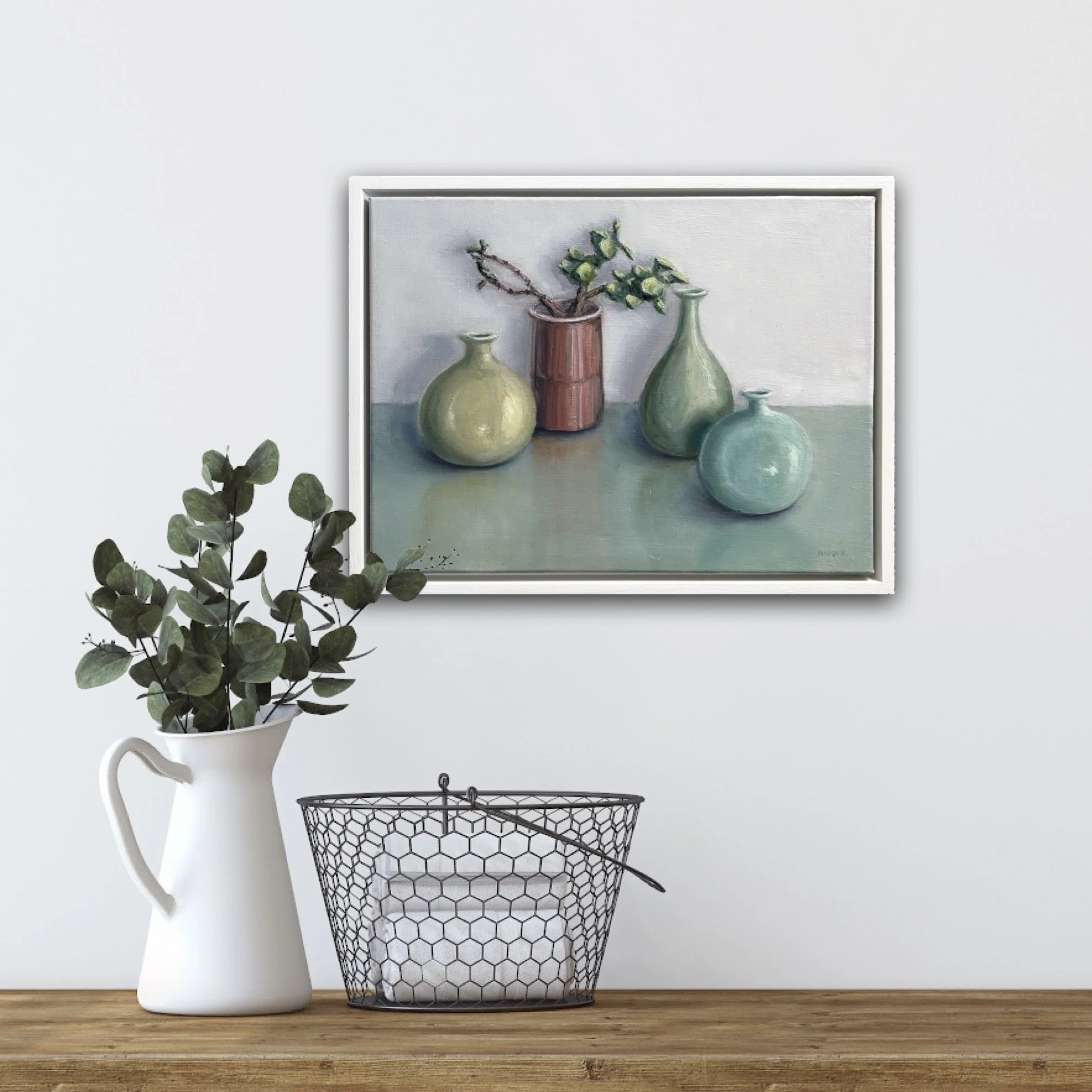 Original contemporary realist oil painting of ceramic bottles and a succulent, framed 44x34cm.