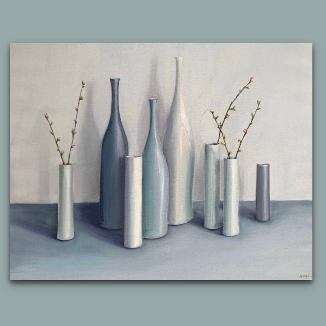 Clustered pots in a Morandi inspired formation with twigs from the garden by British still life artist Jonquil Williamson