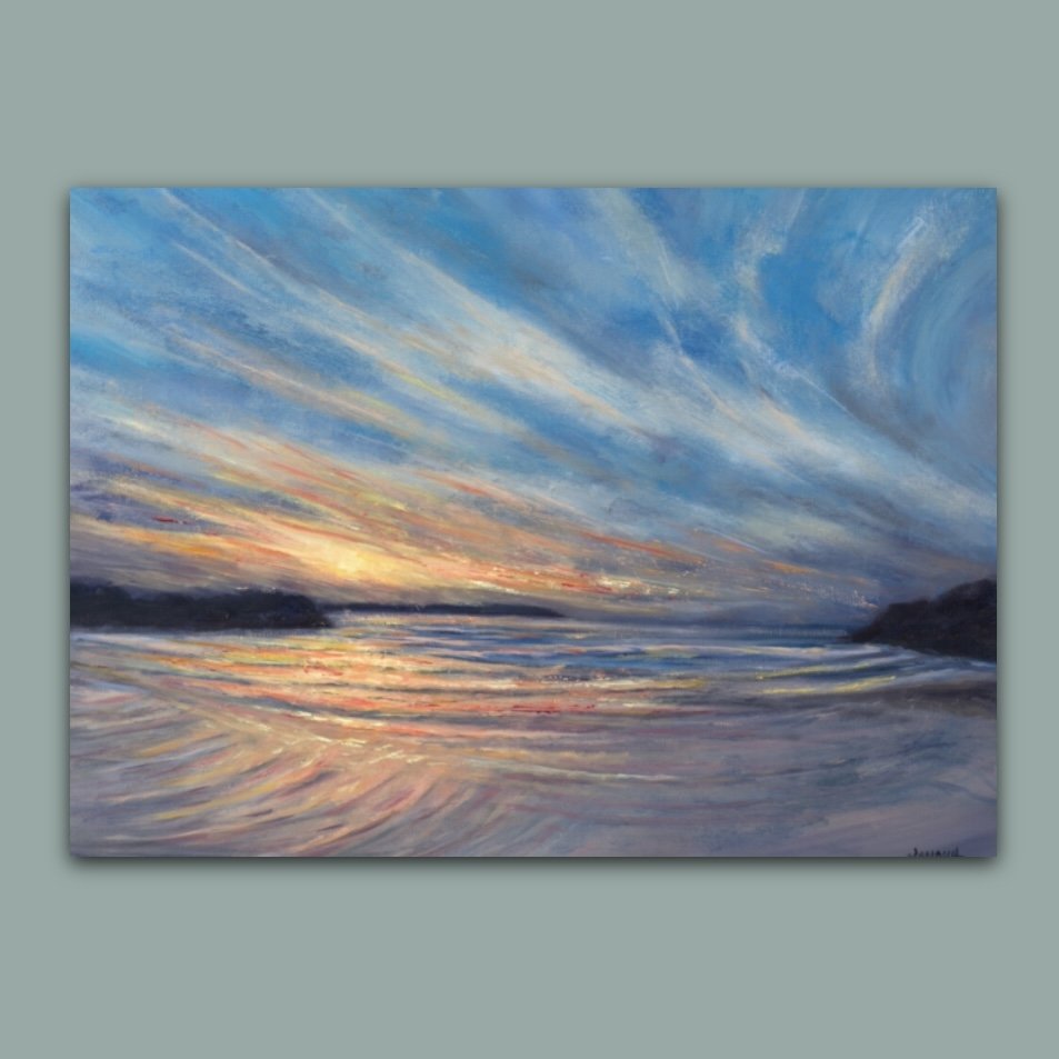 Seascape oil painting of of a streaky Cornish sunset by British artist Jonquil Williamson
