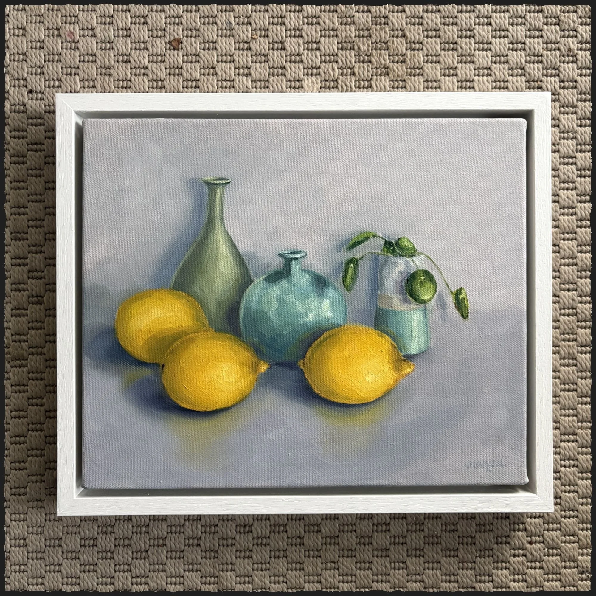 Original oil painting of lemons with green ceramic pots, contemporary realist still life, framed 34x29cm, original still life art UK, by JonquilsArt