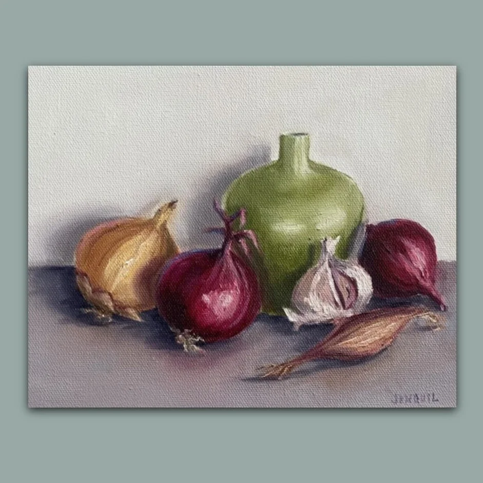 Onions, garlic and shallots by British still life artist Jonquil Williamson