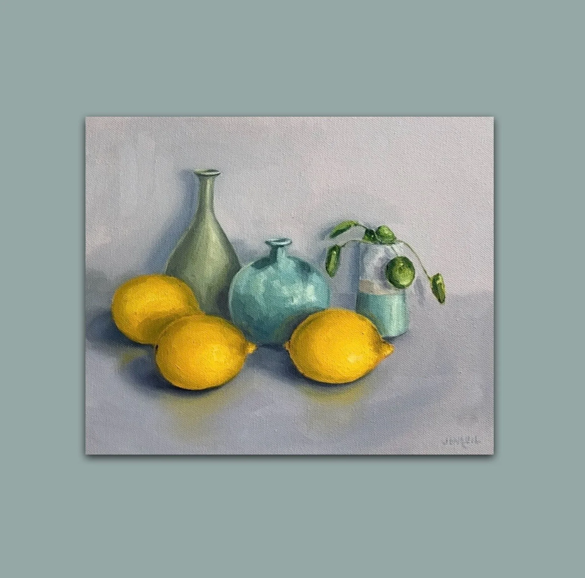 Original oil painting of lemons with green ceramic pots, contemporary realist still life, framed 34x29cm