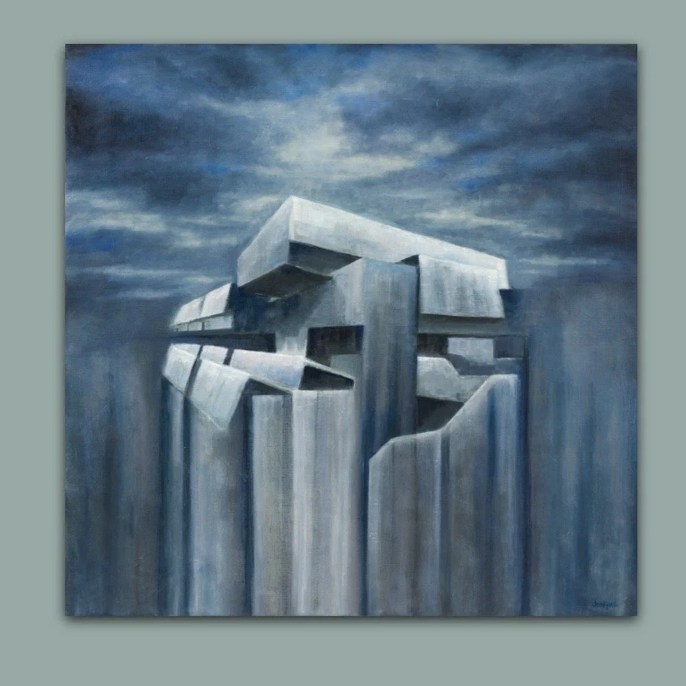 Oil painting of Pimlico School showing its Brutalist architecture British artist Jonquil Williamson
