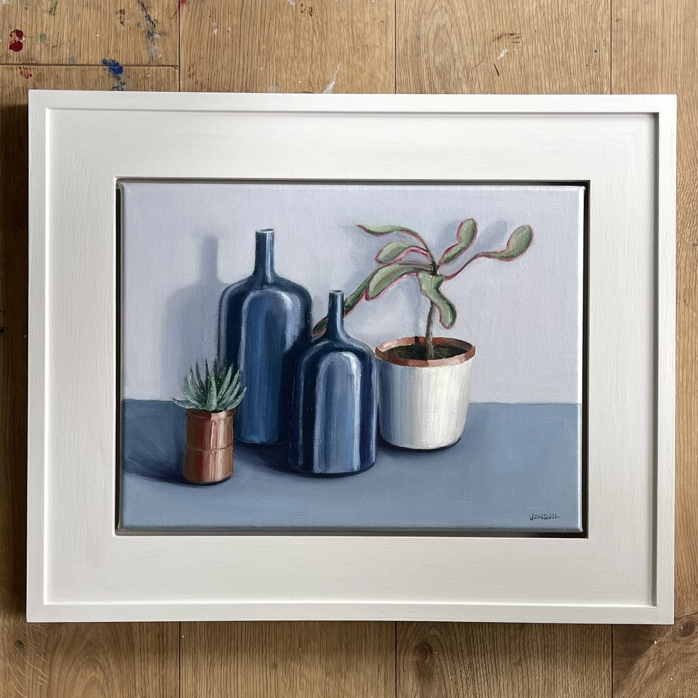 Blue bottles and succulents still life, original oil painting on 40x30cm canvas board, framed 55x46cm.