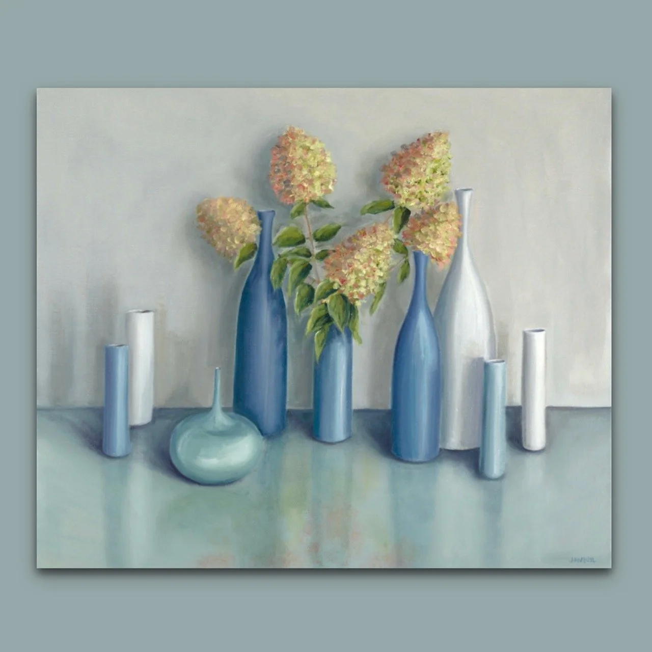 Soft pink and green fluffy hydrangea Paniculata in tall blue and white pots by British still life artist Jonquil Williamson