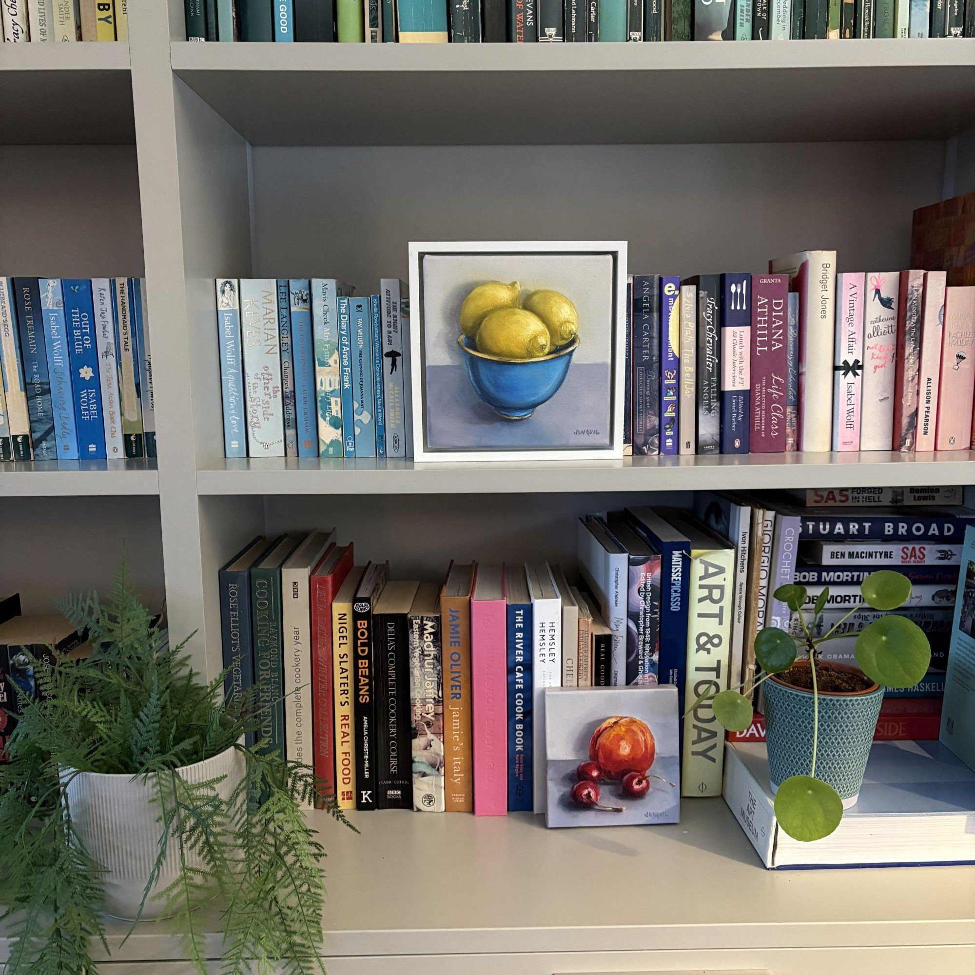 Yellow lemons in a blue bowl, 24x24cm contemporary realist oil painting on canvas.