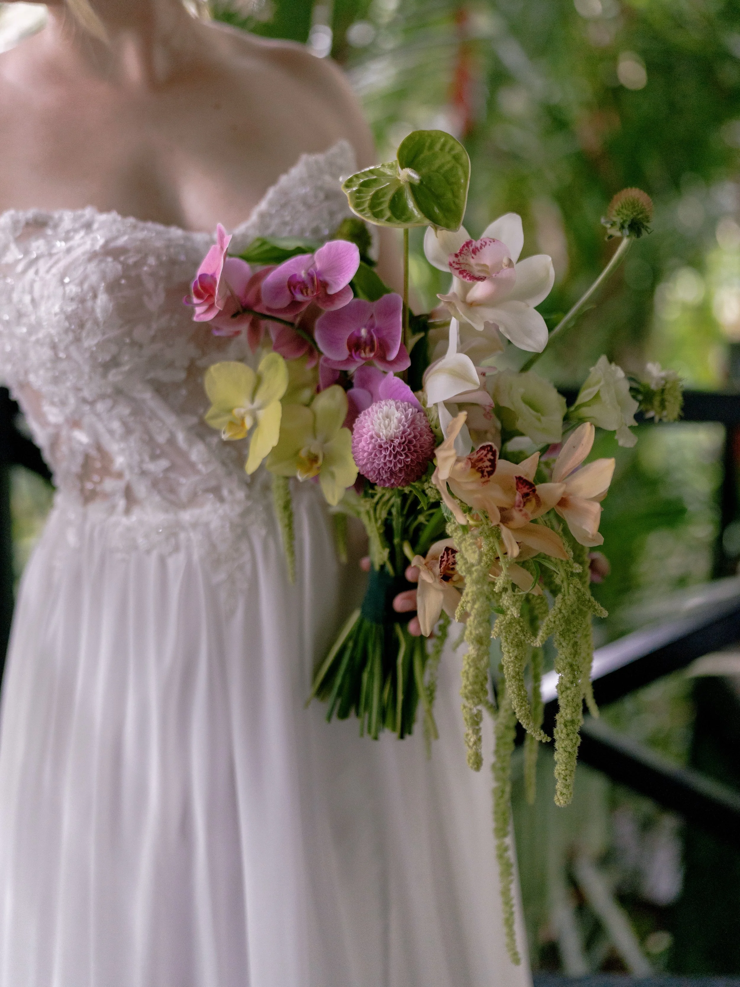 Elegant wedding bouquet with organic flowers and greenery in Costa Rica.