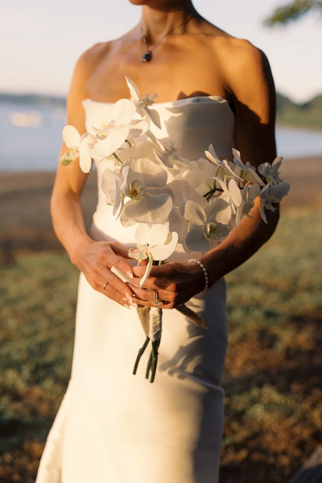 Bridal bouquet with black and white wedding flowers at El Mangroove, Costa Rica.