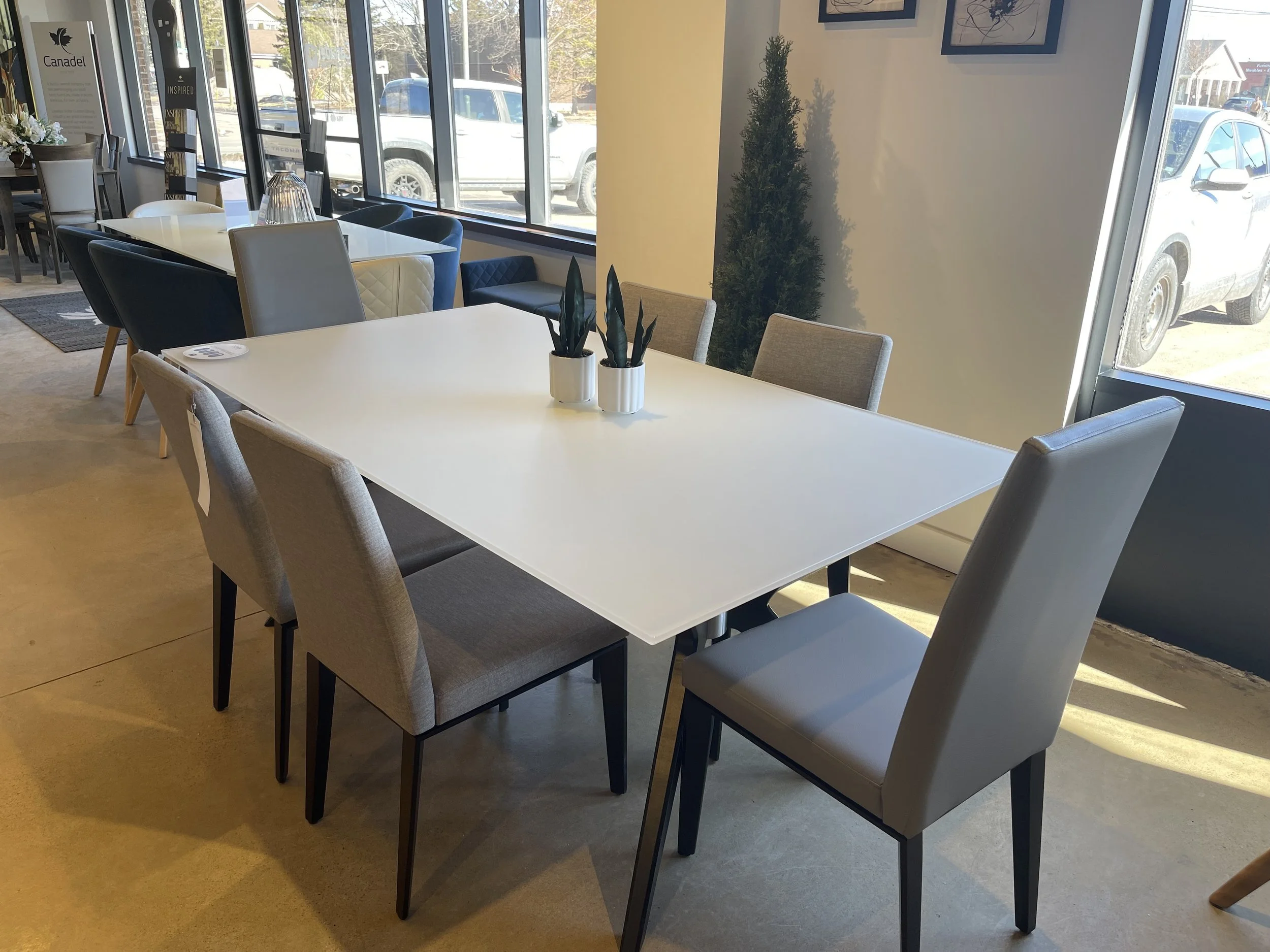 Modern dining area with a white table, six upholstered chairs, small potted plants, and large windows showing parked cars outside.