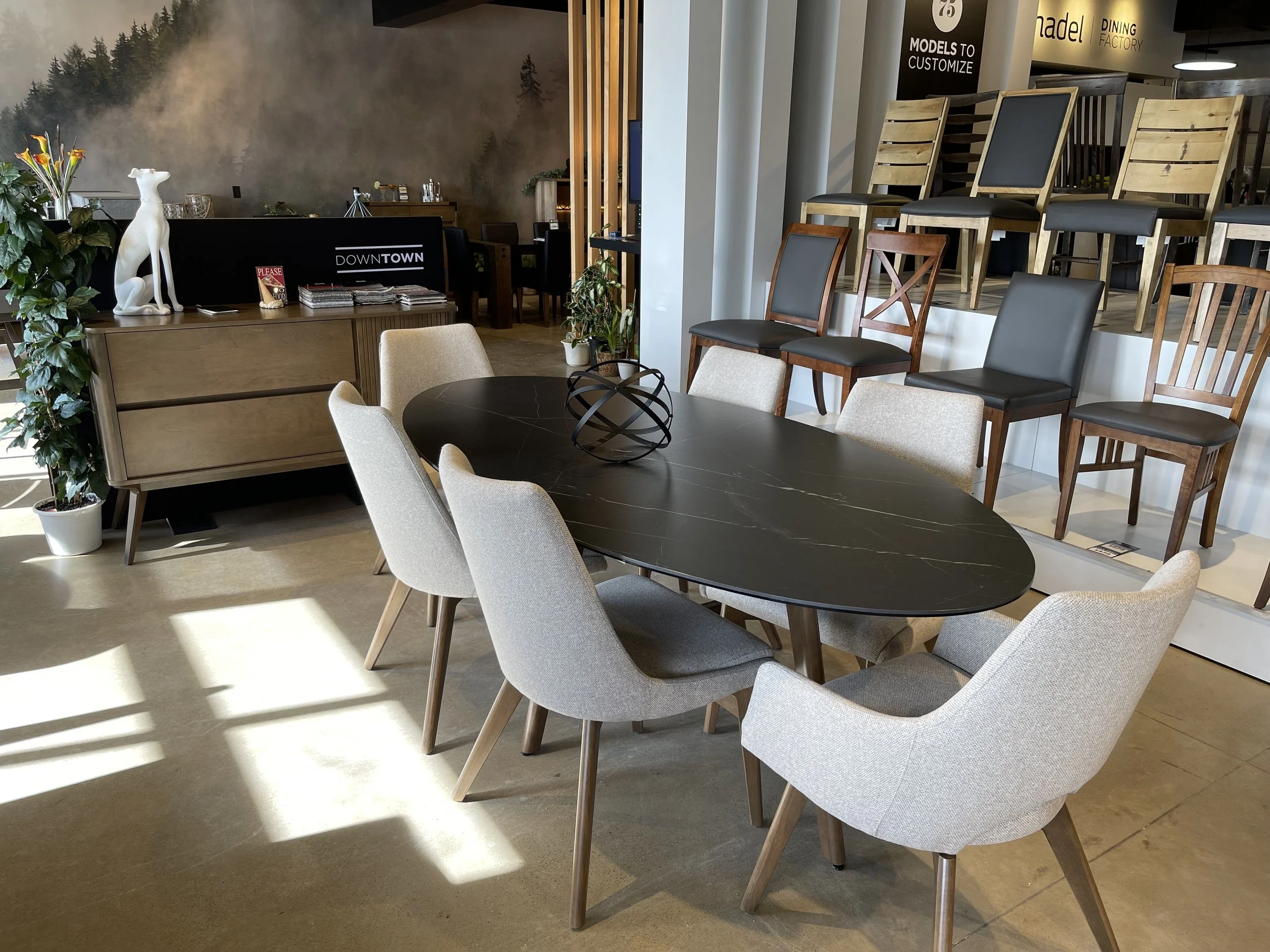 A modern furniture showroom with a black oval dining table and eight upholstered chairs in beige and light gray surrounding it. In the background, there are multiple wooden chairs with a variety of finishes displayed on a platform. The room is well-l