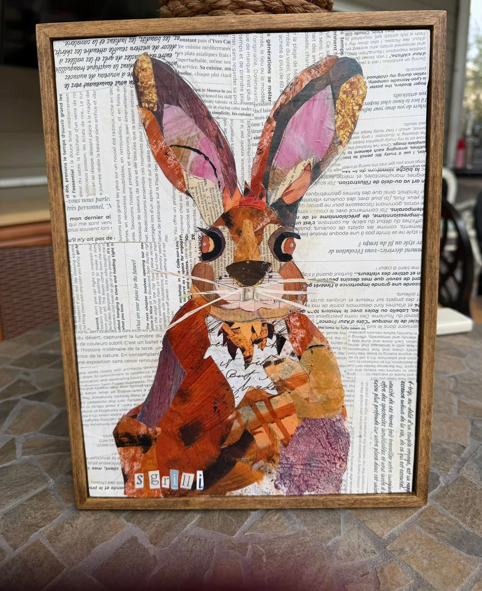 My loss is your gain- this little guy didn&rsquo;t make it into the art show this weekend due to size requirements, which means he is now available to hop right into your home!  This is a mixed media collage piece- made of hand made papers and magazi