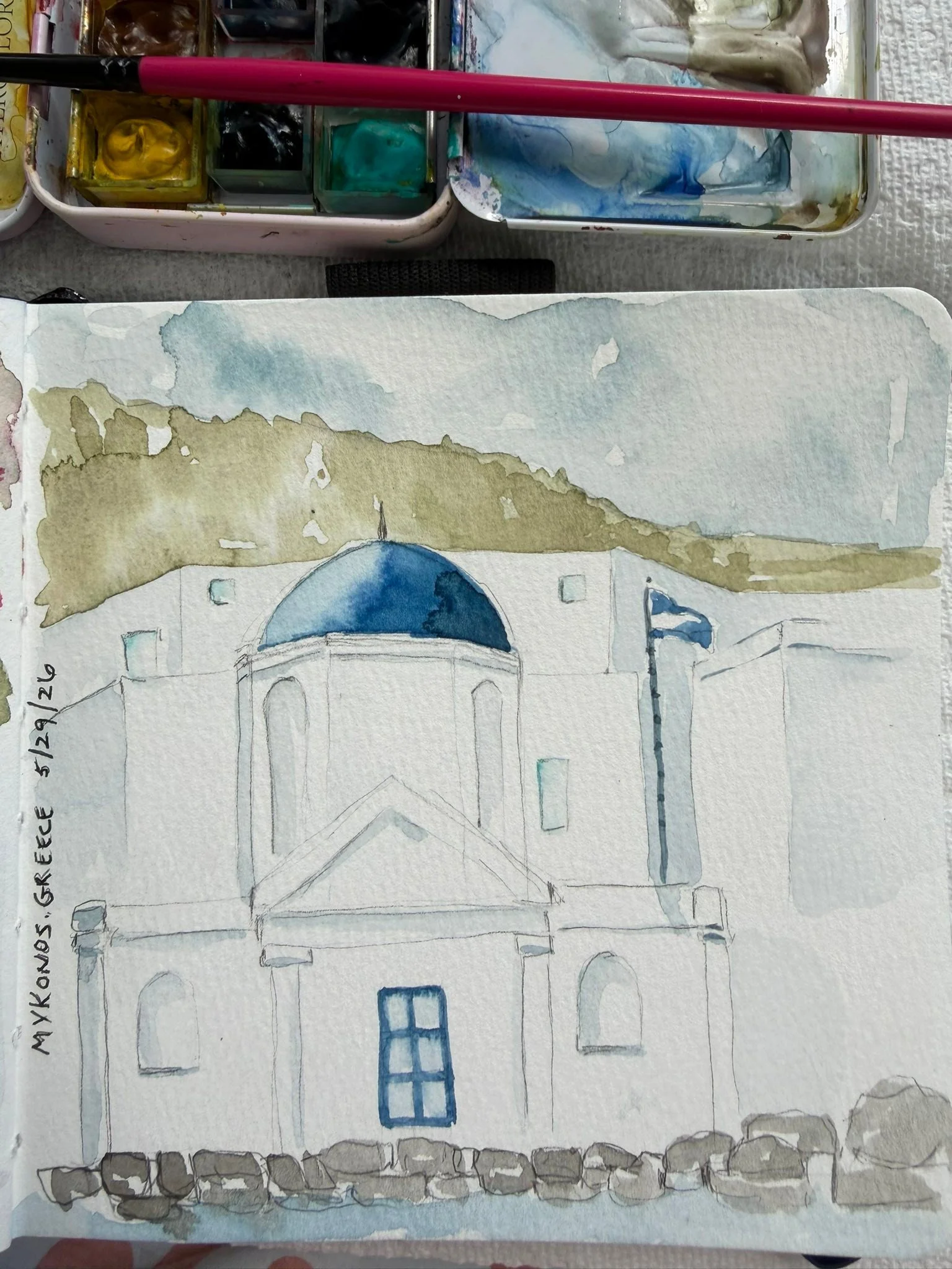 Still thinking about and painting my travels. Greece was amazing. Bright white buildings with blue domes. Add some pink bougainvillea and that painting will  pop!