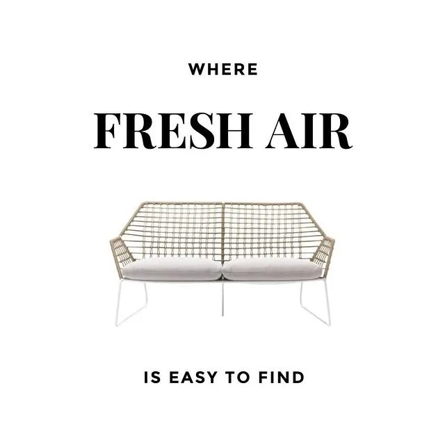 A woven bench is placed between the Designer Public Goods tagline that reads "Where Fresh Air Is Easy to Find."