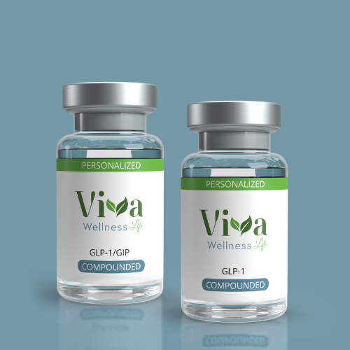 Dos frascos de vidrio con etiquetas que dicen 'Viva Wellness Life', 'Personalized', y 'Compoundd', en un fondo azul.