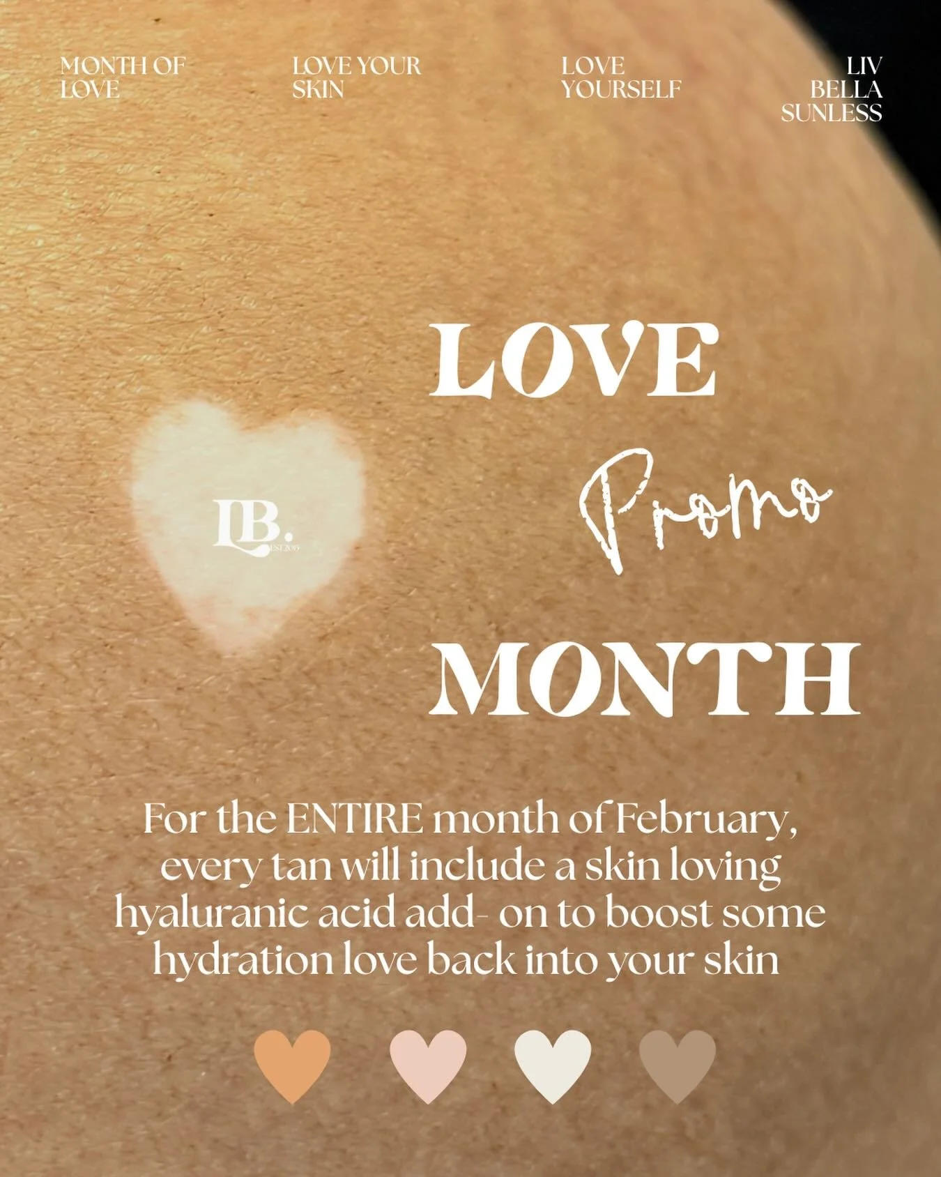 💕💕 February Promo 💕💕

For the entire month of February we are sharing the love with you 🥰 
First up: complimentary hyaluronic acid drops add-on to your spray tan application! Nourish your skin with some hydrating ingredients that will have you f