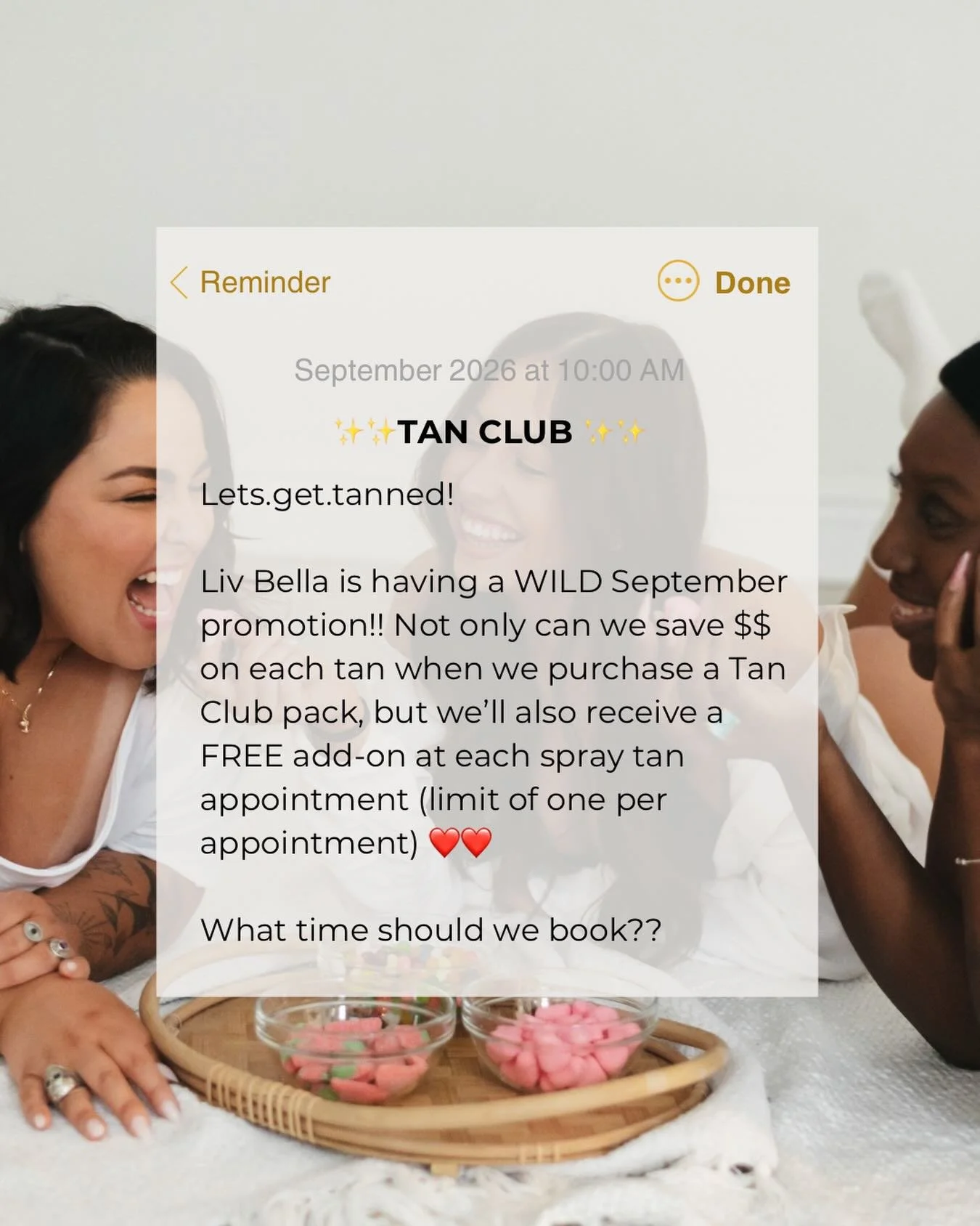Enter the Tan Club 
For the month of September, anytime you purchase one of our tan club packs (3,5 or 10) you&rsquo;ll receive free add-ons for each one. 
Yes.
Free add-ons.
For each spray tan.

Feeling a little dry? Choose our hydra oil add-on
Feel