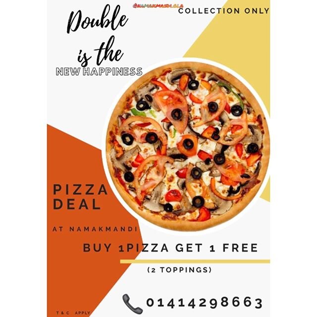 Excite your tastebuds and level up with new Namakmandi&rsquo;s PIZZA 🍕😍⁣
.⁣
.⁣
▪️Buy 1 Pizza(12 inch) and get 1 Pizza free.😍⁣
▪️(2 toppings)⁣
▪️T &amp; C apply⁣
.⁣
.⁣
.⁣
.⁣
🔹Please call us and place your order now.⁣
📞- 0141 429 8663⁣
🔹Collectio