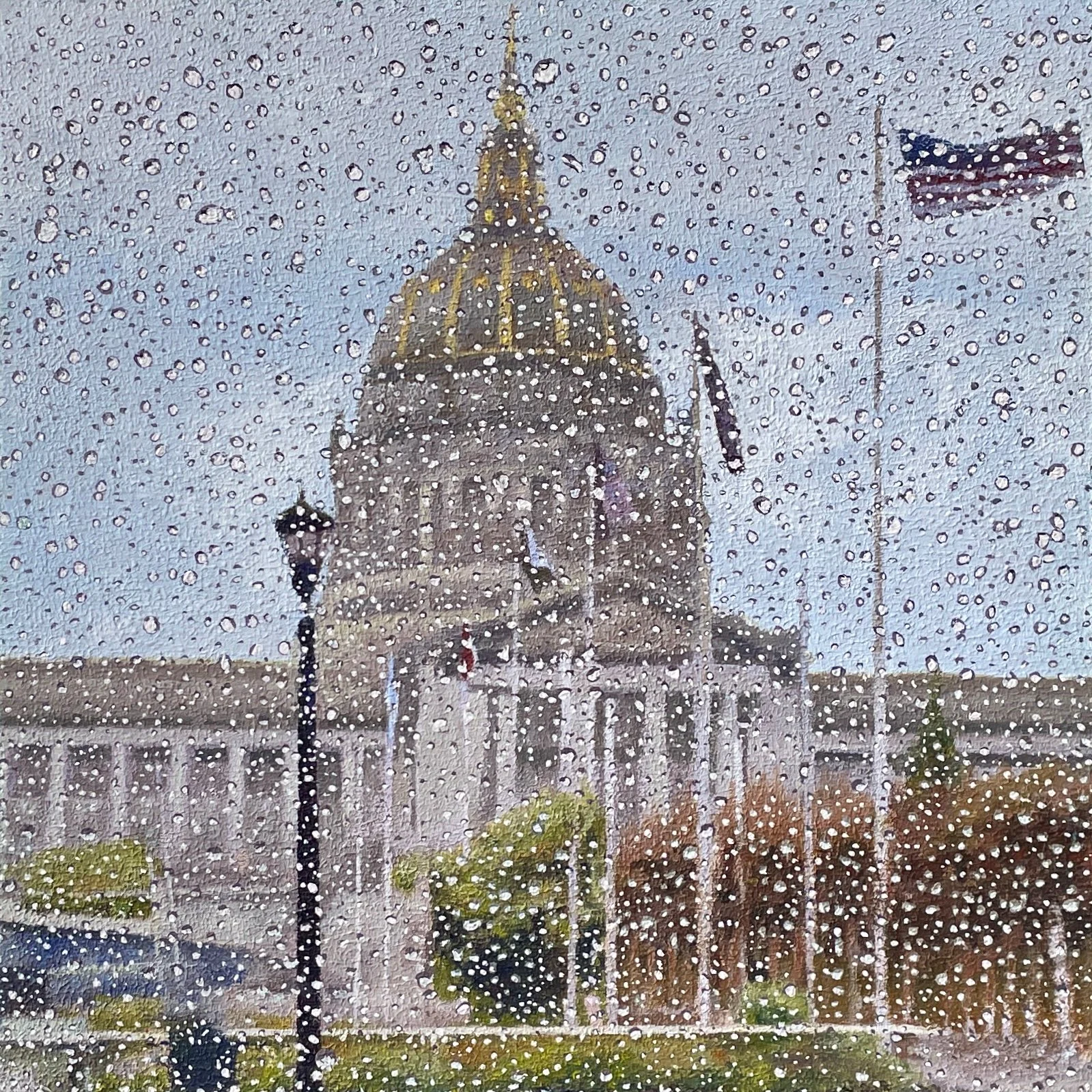 10 X 10 X 1.75 - “City Hall in the Rain” acrylic on panel, 2026