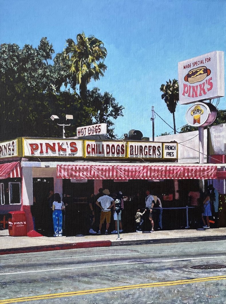 24 X 18 X 1.5  “Hollywood Legend: Pink's Hot Dogs”  acrylic on canvas, 2025 (now showing at Triton Museum of Art)