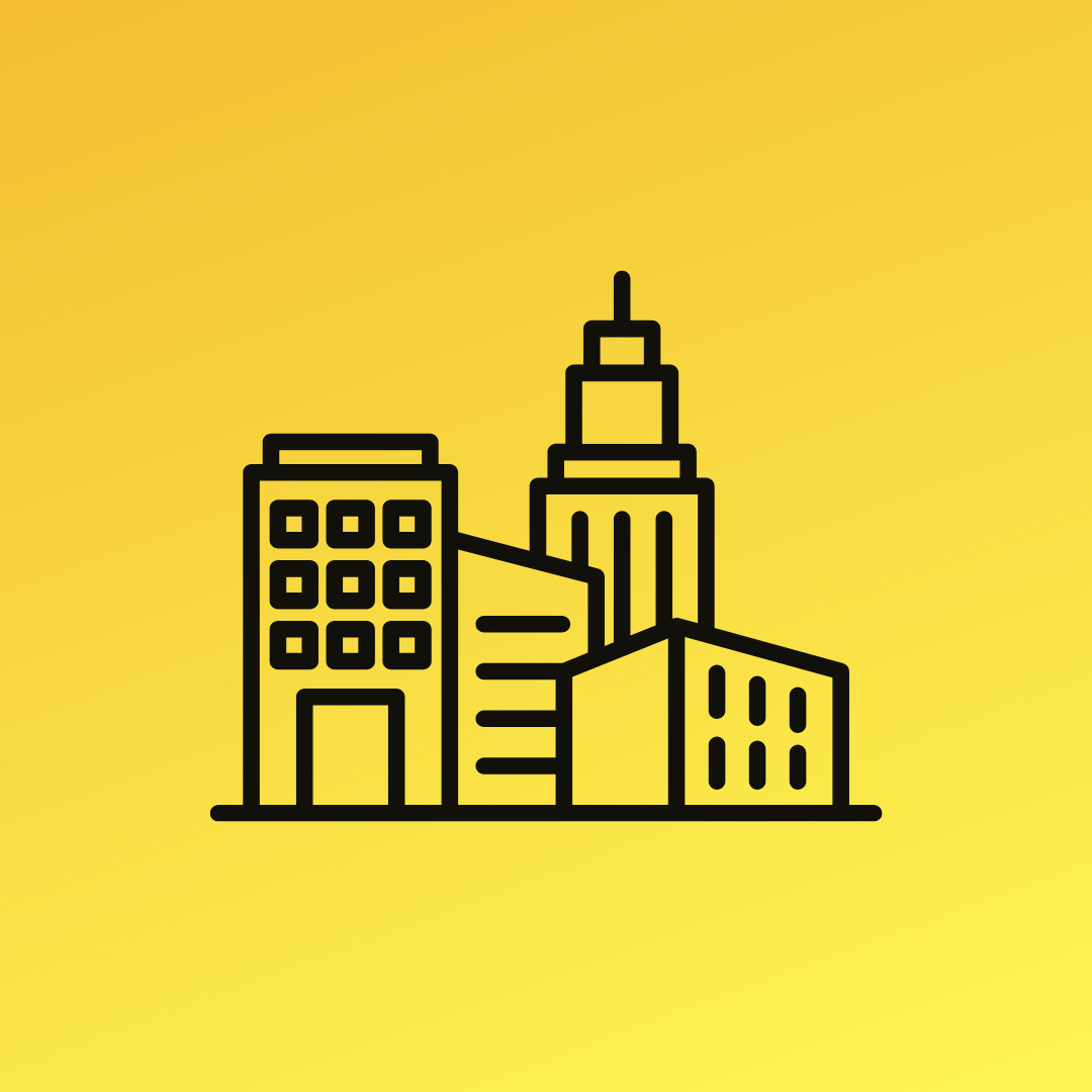 Outline of two tall buildings on yellow background.