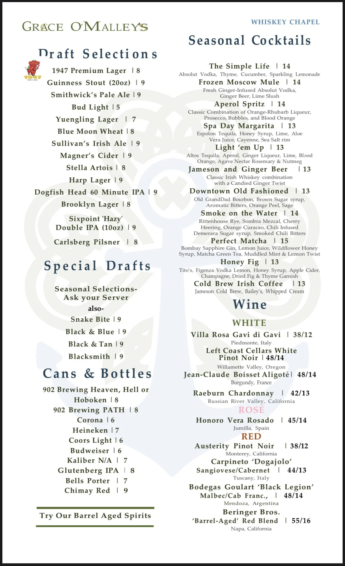 Menus — Grace's O'Malley's