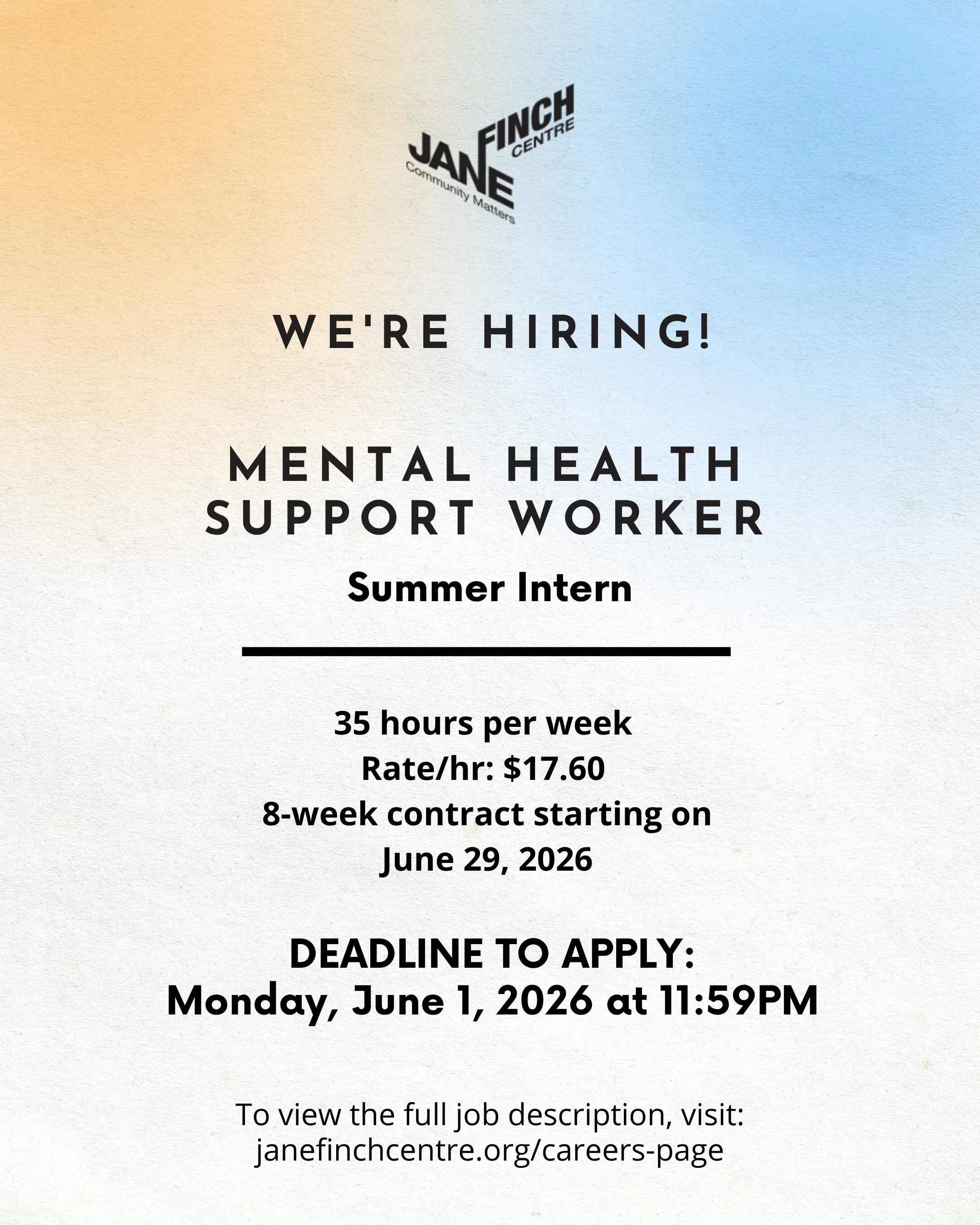 More Summer 2026 positions are now open!📢

We are sharing 3 Canada Summer Jobs opportunities for youth interested in community work, engagement, and program delivery.

Open Positions:
🔹 Mental Health Support Worker - Summer Intern
🔹 Sports and Rec